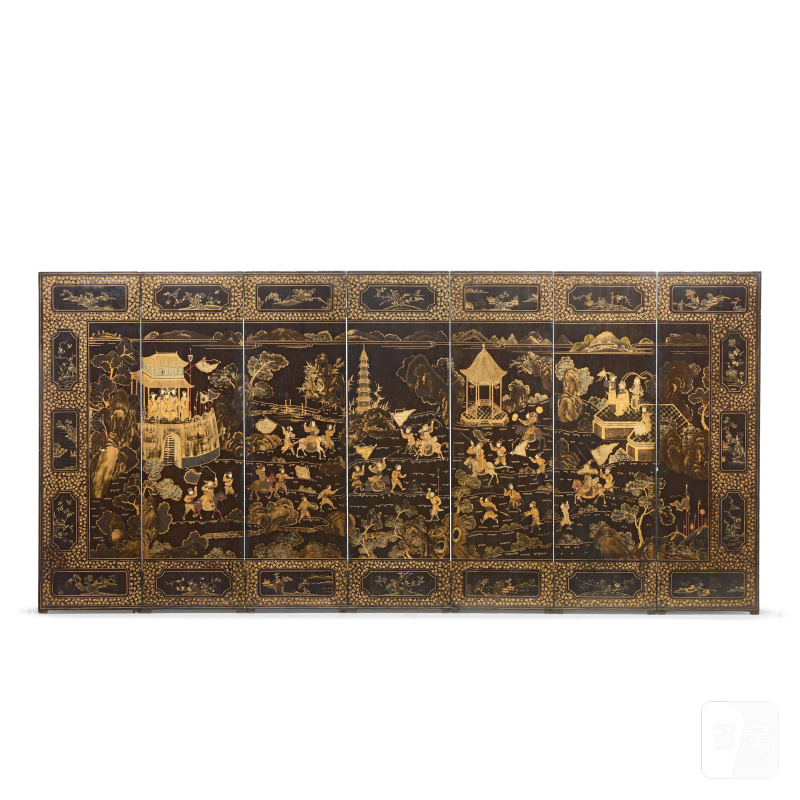 清晚期 黑漆描金勇士圖屏風七開 | A SEVEN-PANEL GILT AND BLACK LACQUER SCREEN - 图1